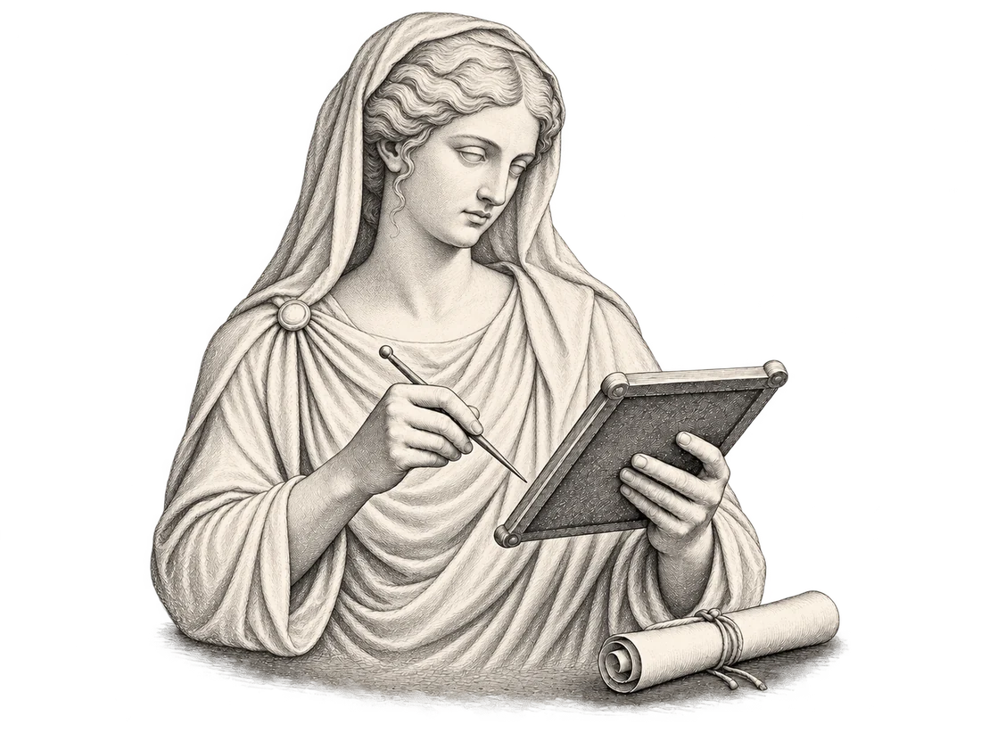 Claudia, vestale représentée en gravure, rédigeant sur une tablette avec un stylet.